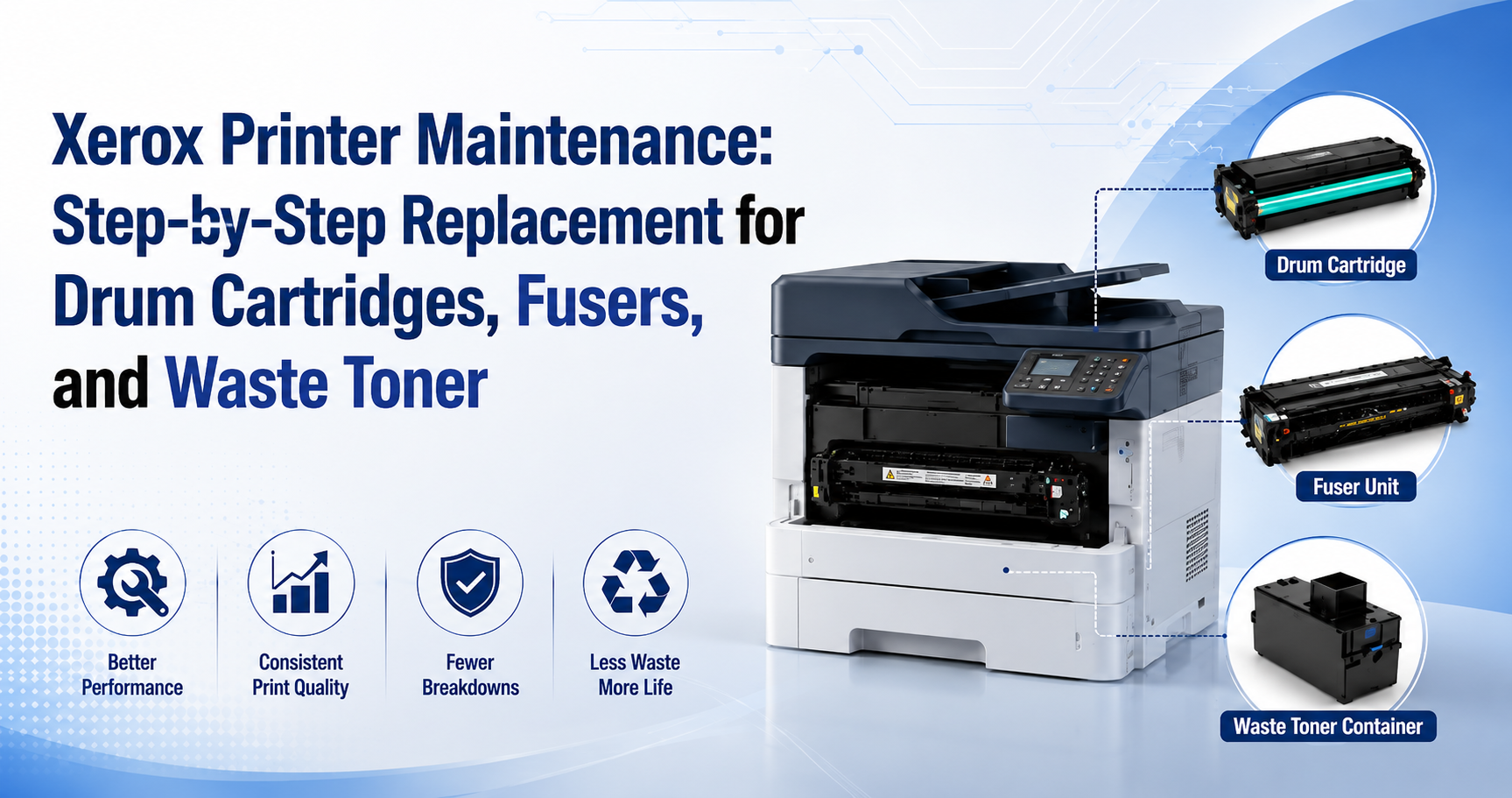 Xerox printer maintenance for drum cartridge replacement, printer fuse replacement, and waste toner replacement